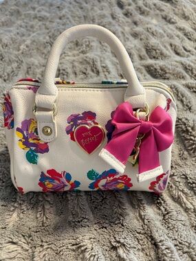 Betsey Johnson White Floral Handbag with Pink Bow